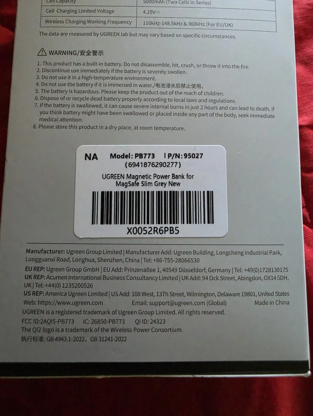 Ugreen SEALED! NIB! Magflow 10,000mAh Power Bank Qi2/25W. 30W Cable in Gray.